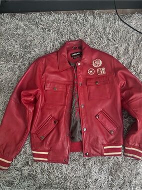 Pelle Pelle Red Leather Bomber Jacket with Patch Accents